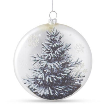 5" SILVER FLAT ROUND ORNAMENT W/GLITTERED TREE