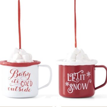 Metal Hot Coco Mug Ornaments w/Glittered Marshmallows