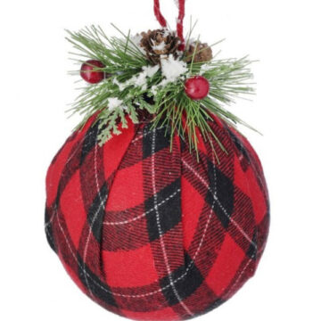 5" PLAID BALL W/SNOW PINE/BERRIES ORNAMENT