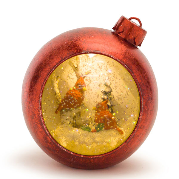 LED LIGHTED MUSICAL SNOW GLOBE CARDINALS ORNAMENT W/6 HR TIMER