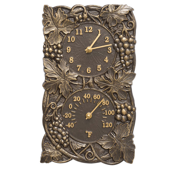 Grapevine Indoor Outdoor Wall Clock & Thermometer- French Bronze