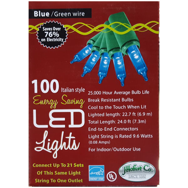 LED 100 LT Blue Italian Mini Light Set- Green Wire