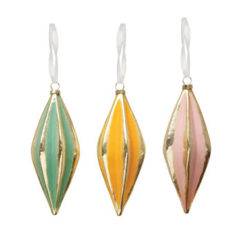 7" Hand-Painted Glass Pleated Ornament w/Gold Electroplating Trim Set/3