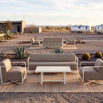 Juno Sofa, 2 Lounge Chairs w/Tri Slat Coffee Table by Woodard
