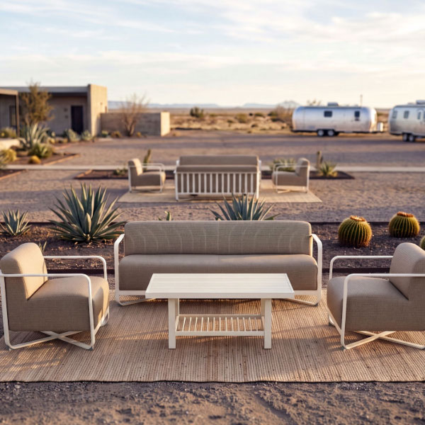 Juno Sofa, 2 Lounge Chairs w/Tri Slat Coffee Table by Woodard