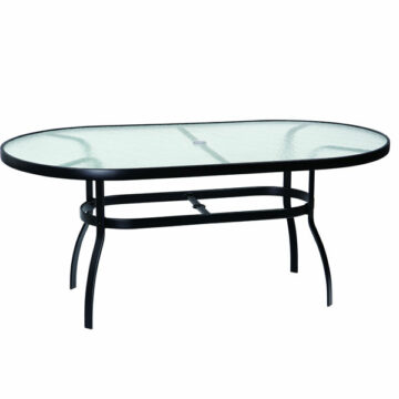 Deluxe Aluminum 74 x 42 Oval Glass Top Table with Umbrella Hole by Woodard